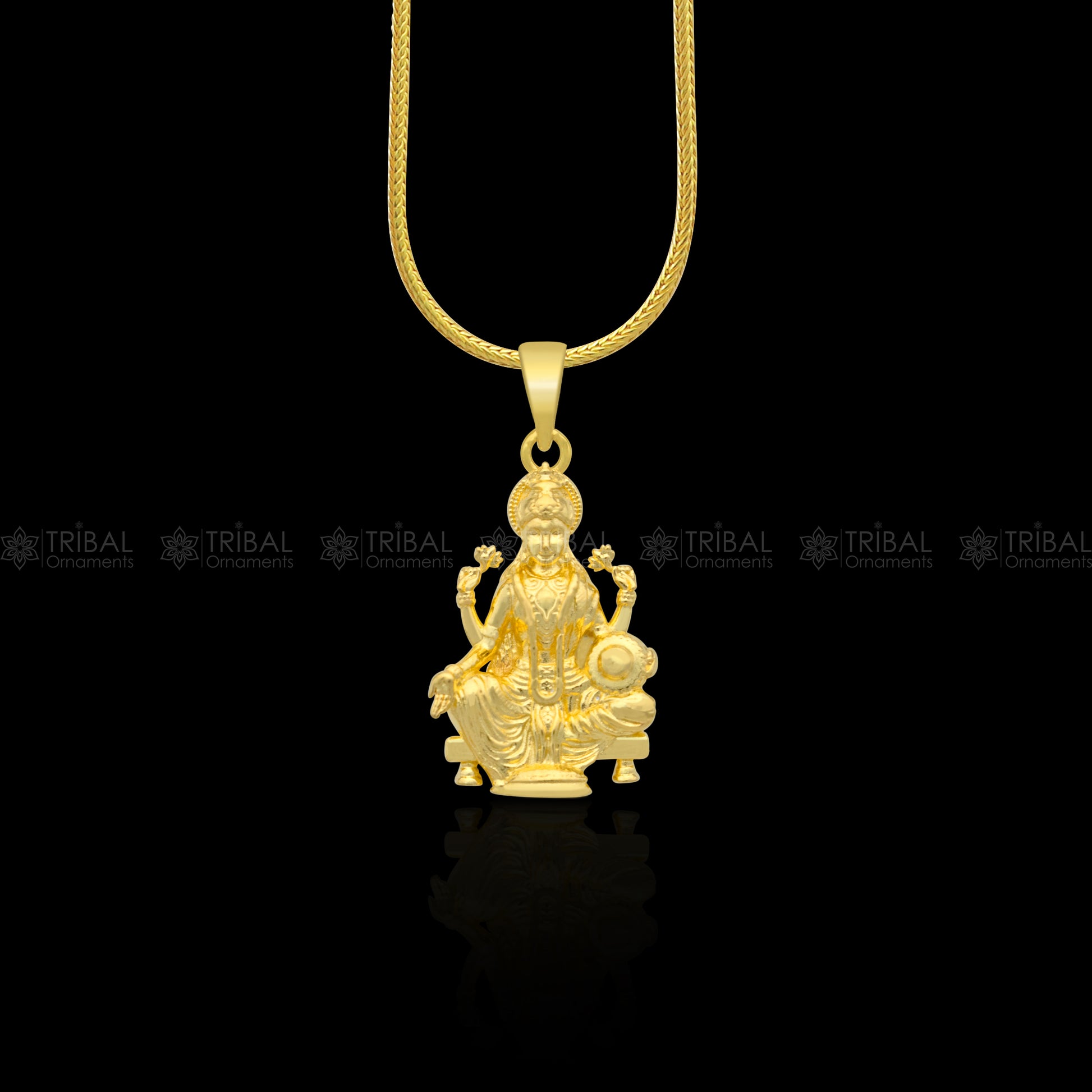 925 sterling silver gold polished Lord Maha Laxmi ji pendant, divine design, intricate details, jewelry accessory.