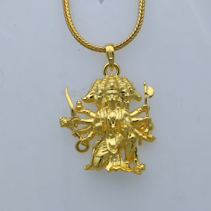 925 sterling silver gold-polished Lord Panchmukhi Hanuman ji pendant, tribal ornament with detailed divine design.