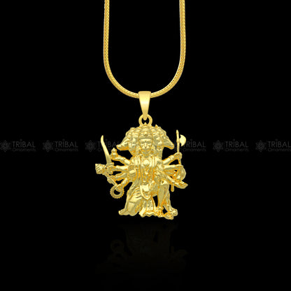925 sterling silver gold-polished Lord Panchmukhi Hanuman Ji pendant, divine tribal ornament with intricate design.