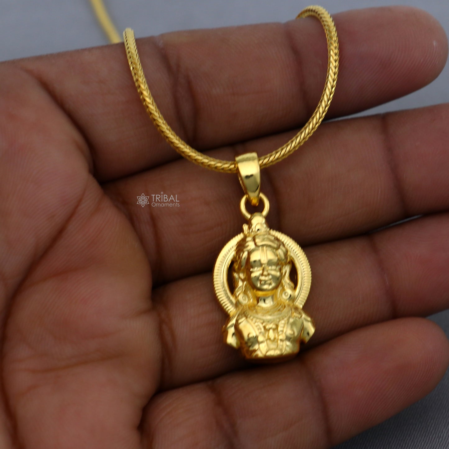925 sterling silver gold-polished Lord Rama Lalla divine pendant with intricate design, featuring traditional Indian religious motifs.
