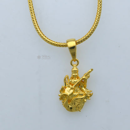Sterling silver gold-polished Lord Sarashwati Maa divine pendant from TRIBAL ORNAMENTS, featuring intricate religious design.
