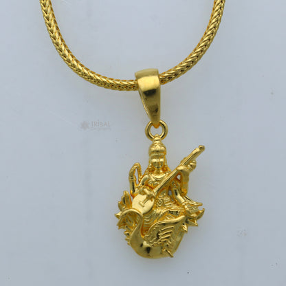925 sterling silver gold polished Lord Sarashwati Maa pendant, divine Sharda Maa design, tribal ornaments jewelry.