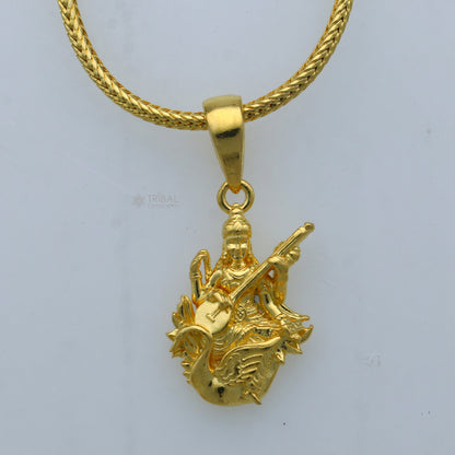 925 sterling silver gold polished Lord Sarashwati Maa pendant showcasing divine goddess design by Tribal Ornaments.