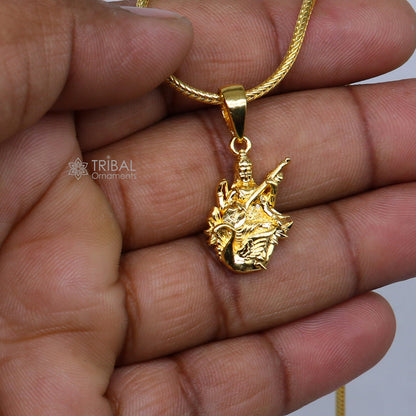 925 sterling silver gold polished Lord Saraswati Maa pendant, divine jewelry featuring intricate design from Tribal Ornaments.