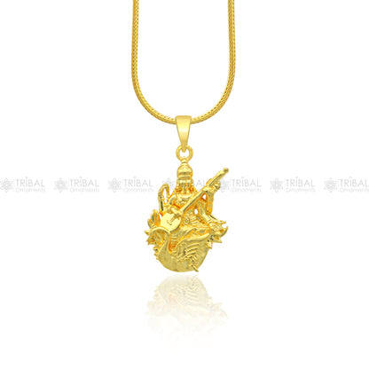 925 sterling silver gold polished Lord Sarashwati Maa pendant featuring divine design, crafted by Tribal Ornaments.