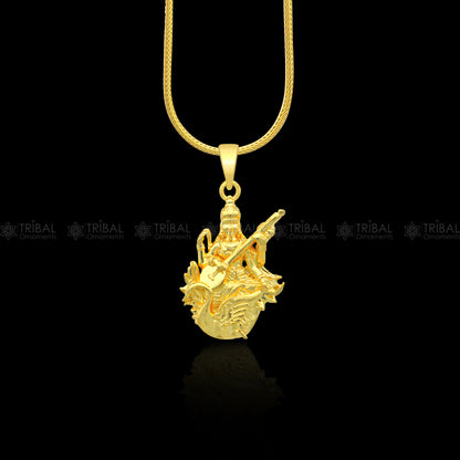 925 sterling silver gold-polished Lord Sarashwati Maa pendant, divine jewelry featuring Sharda Maa design from Tribal Ornaments.