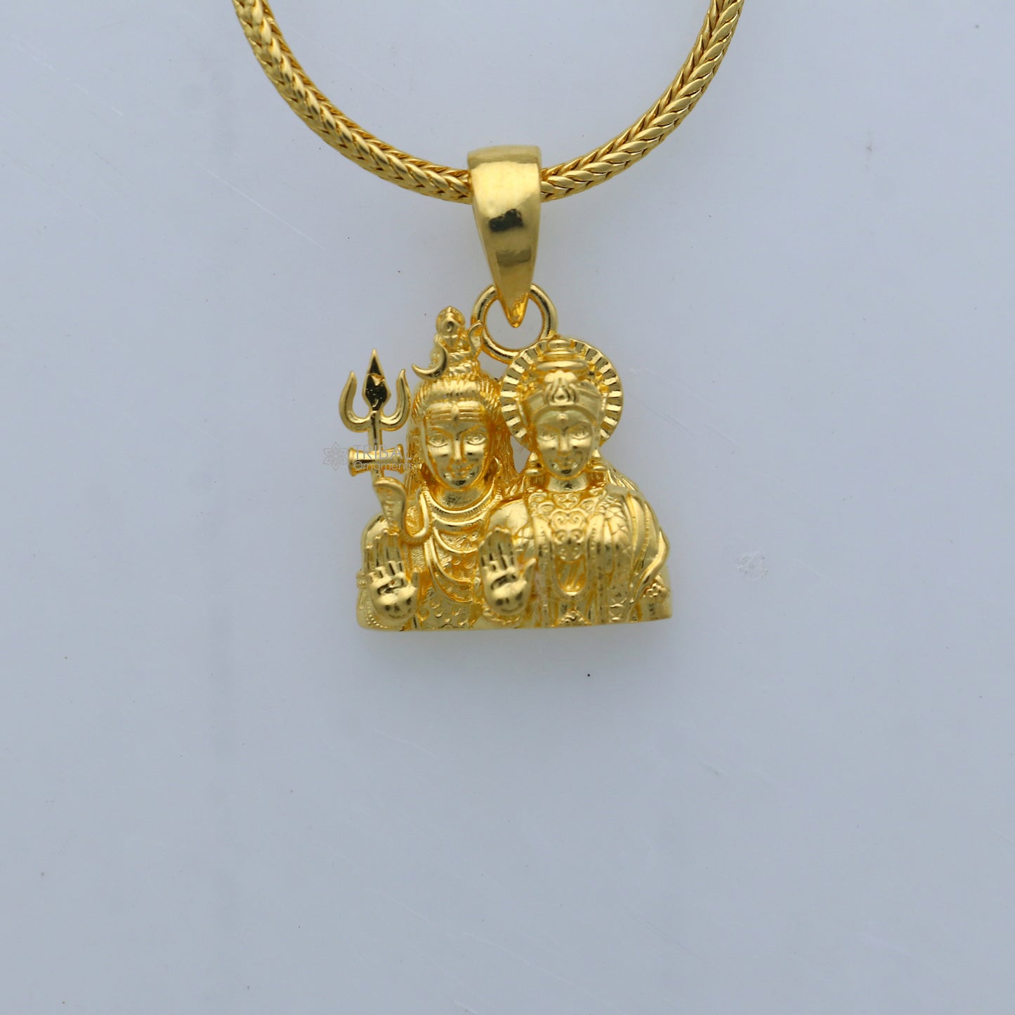 Sterling silver gold-polished Lord Shiva and Parwati Maa pendant, divine religious jewelry by TRIBAL ORNAMENTS.