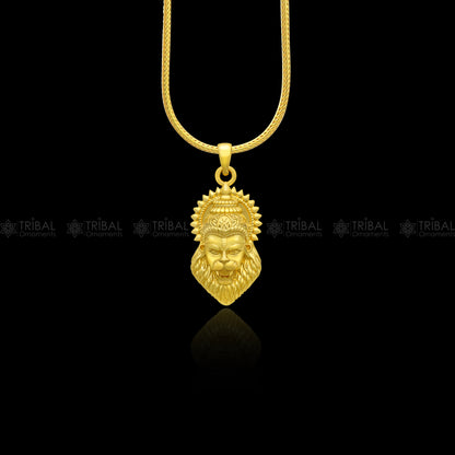 925 sterling silver gold-polished Lord Vishnu Narsimha divine pendant, detailed tribal ornament design on a religious jewelry piece