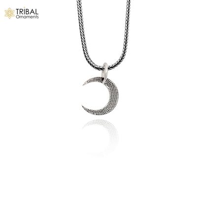 925 sterling silver half moon pendant from TRIBAL ORNAMENTS, delicate silver jewelry for men and women, intricate moon design.