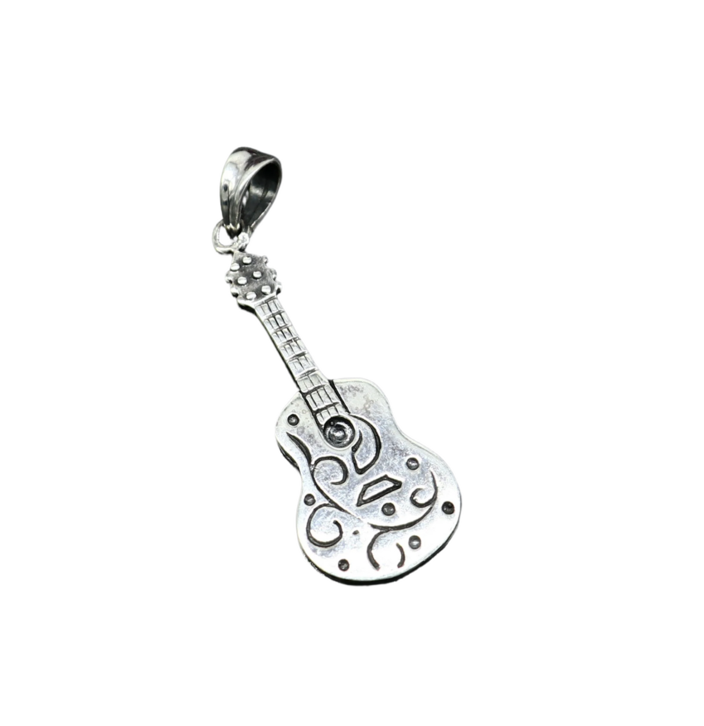 925 sterling silver guitar design pendant, unisex tribal jewelry, handmade small guitar-shaped pendant with intricate tribal detailing