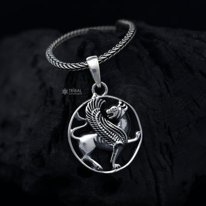 Handmade 925 sterling silver ancient Persian winged lion pendant with intricate tribal ornament design.