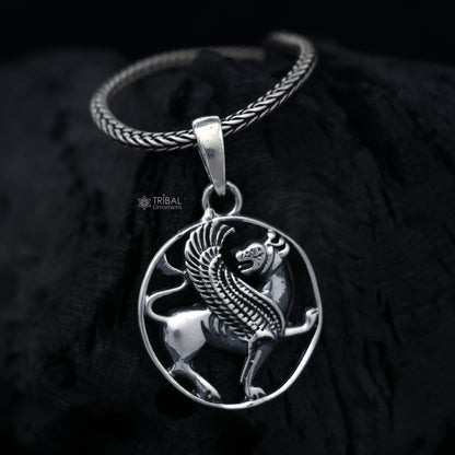 Handmade 925 sterling silver ancient Persian winged lion pendant with intricate tribal ornament design.