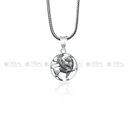Handmade 925 Sterling silver ancient Persian winged lion pendant with intricate tribal design, crafted by TRIBAL ORNAMENTS.