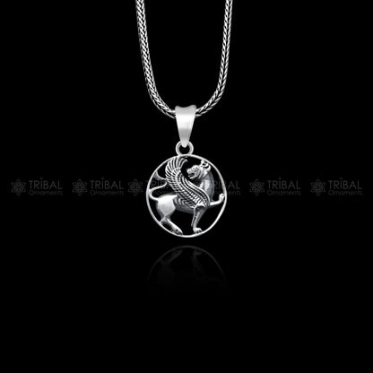 Handmade 925 sterling silver ancient Persian winged lion pendant with detailed tribal ornament design.