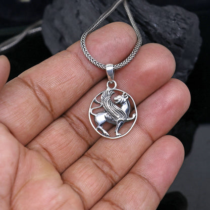 Handmade 925 sterling silver ancient Persian winged lion pendant with intricate tribal ornament design.