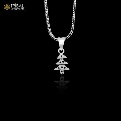 Handmade 925 sterling silver Christmas tree pendant necklace for men and unisex jewelry, featuring a detailed festive tree design.