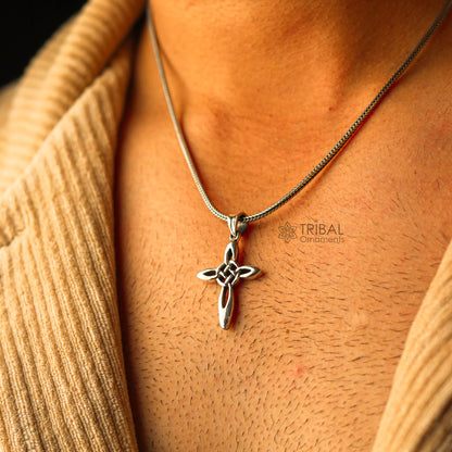 Sterling silver handmade cross pendant necklace for men and women with chain, stylish unisex jewelry by TRIBAL ORNAMENTS.