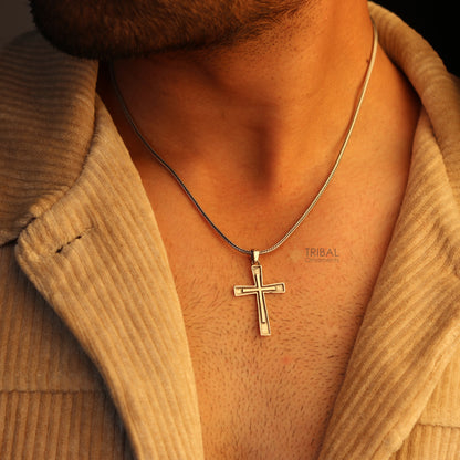 Sterling silver handmade cross pendant necklace for men and women, featuring a stylish unisex design with chain by TRIBAL ORNAMENTS.