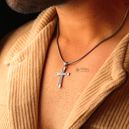 Sterling silver handmade cross pendant necklace for men and women, stylish unisex jewelry by TRIBAL ORNAMENTS.