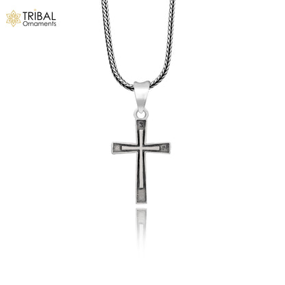 Sterling silver handmade cross pendant necklace for men and women by TRIBAL ORNAMENTS, featuring a stylish unisex design with chain.