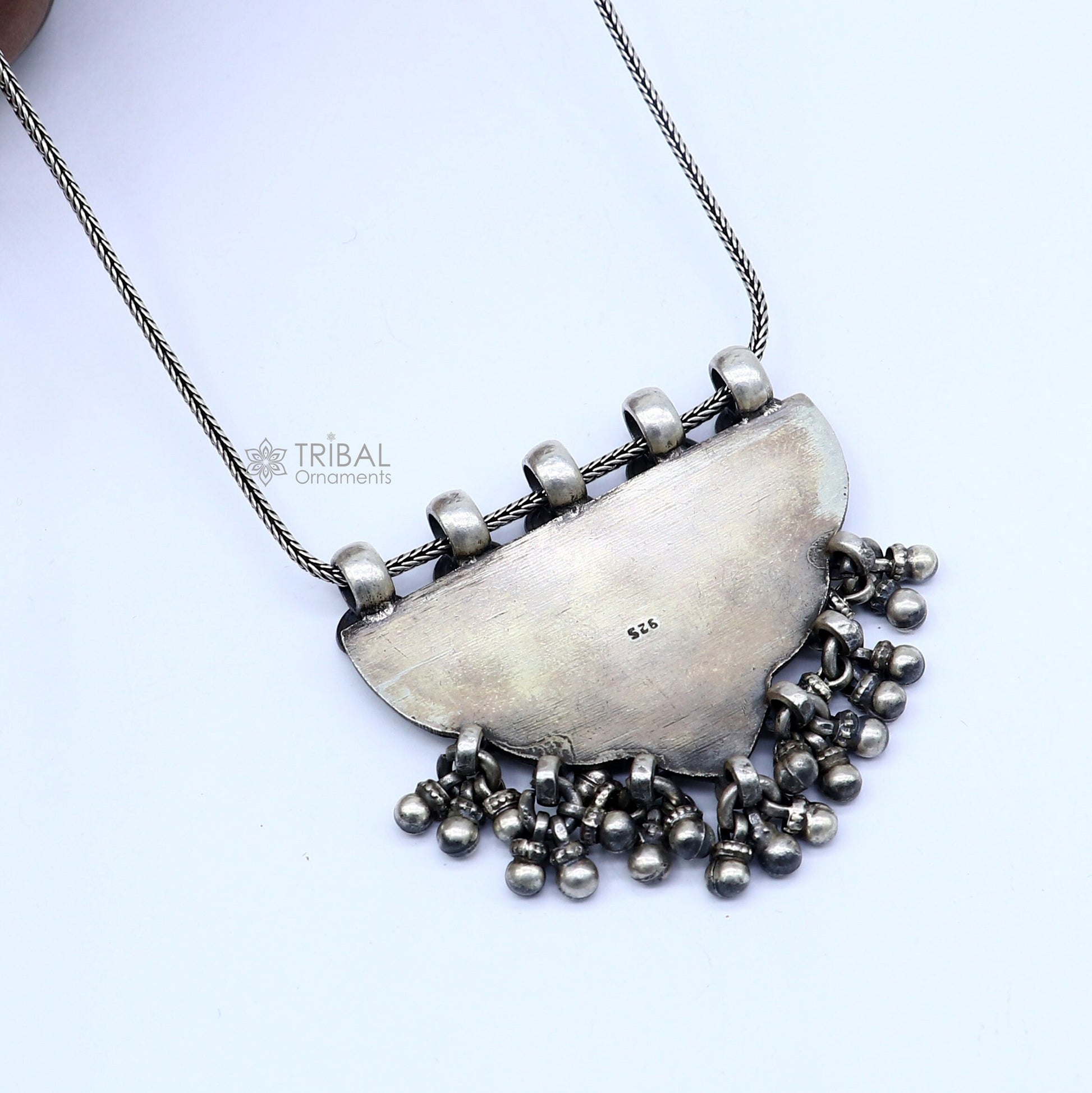 Handmade 925 sterling silver tribal cultural pendant for wedding jewelry by TRIBAL ORNAMENTS, featuring intricate designs.