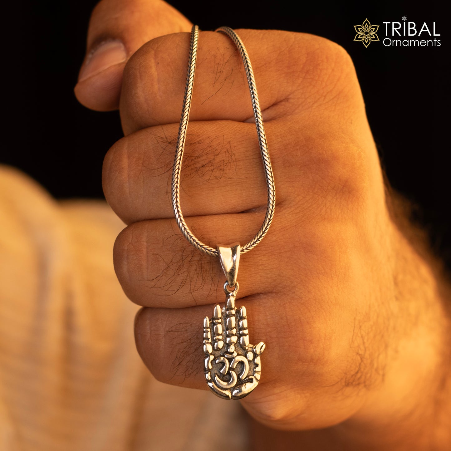 925 sterling silver divine hand palm pendant with 'AUM' design, unisex jewelry by TRIBAL ORNAMENTS, handcrafted from India.