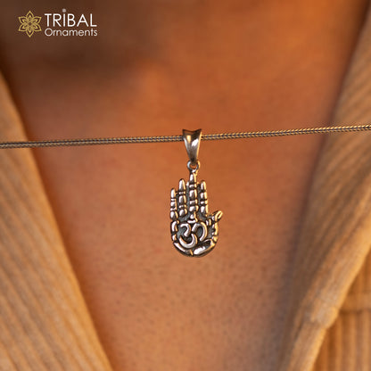 925 sterling silver divine hand palm pendant with 'AUM' design, unisex jewelry from TRIBAL ORNAMENTS, featuring intricate craftsmanship.