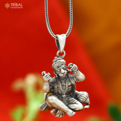 925 sterling silver handmade Hanuman Ji pendant with chain, tribal jewelry featuring intricate divine design.