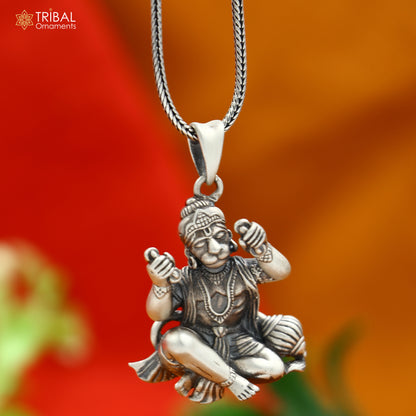 925 sterling silver handmade Hanuman Ji pendant with chain, tribal jewelry featuring divine Hindu deity design.