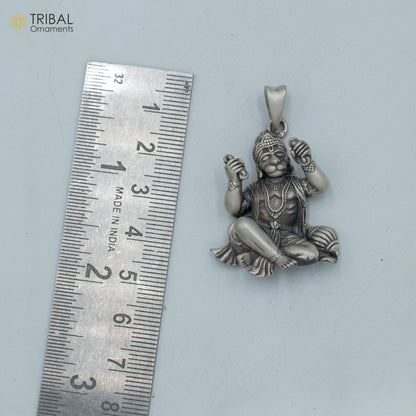 Handmade 925 sterling silver Hanuman Ji pendant with chain, tribal jewelry by TRIBAL ORNAMENTS, featuring divine Hindu deity design.