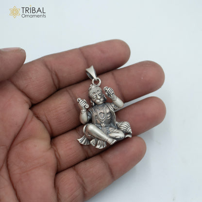 925 sterling silver handmade Hanuman Ji pendant with chain, tribal jewelry featuring intricate divine deity design.