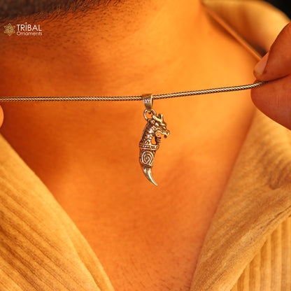 925 sterling silver dragon tooth pendant by TRIBAL ORNAMENTS, featuring a detailed mythical dragon tooth design symbolizing power and resilience.