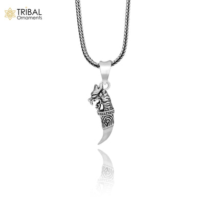 925 sterling silver dragon tooth pendant by TRIBAL ORNAMENTS, featuring a detailed mythical creature symbol of power and resilience.