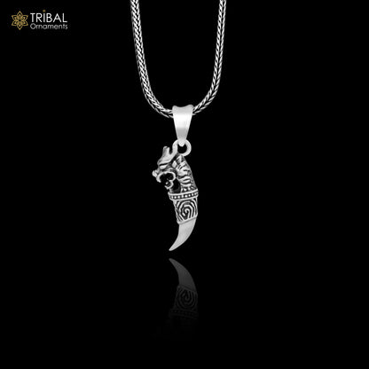 925 sterling silver dragon tooth pendant by TRIBAL ORNAMENTS featuring a detailed mythical creature symbol of power and resilience