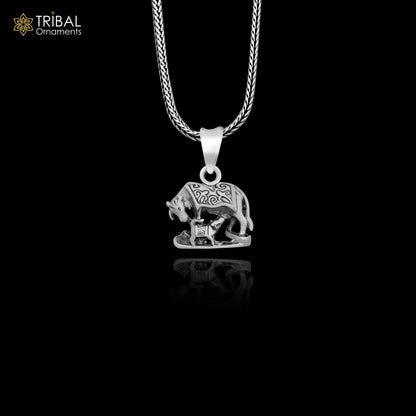 925 sterling silver divine Kamdhenu cow with calf pendant, unisex tribal jewelry, handcrafted and detailed silver animal pendant.