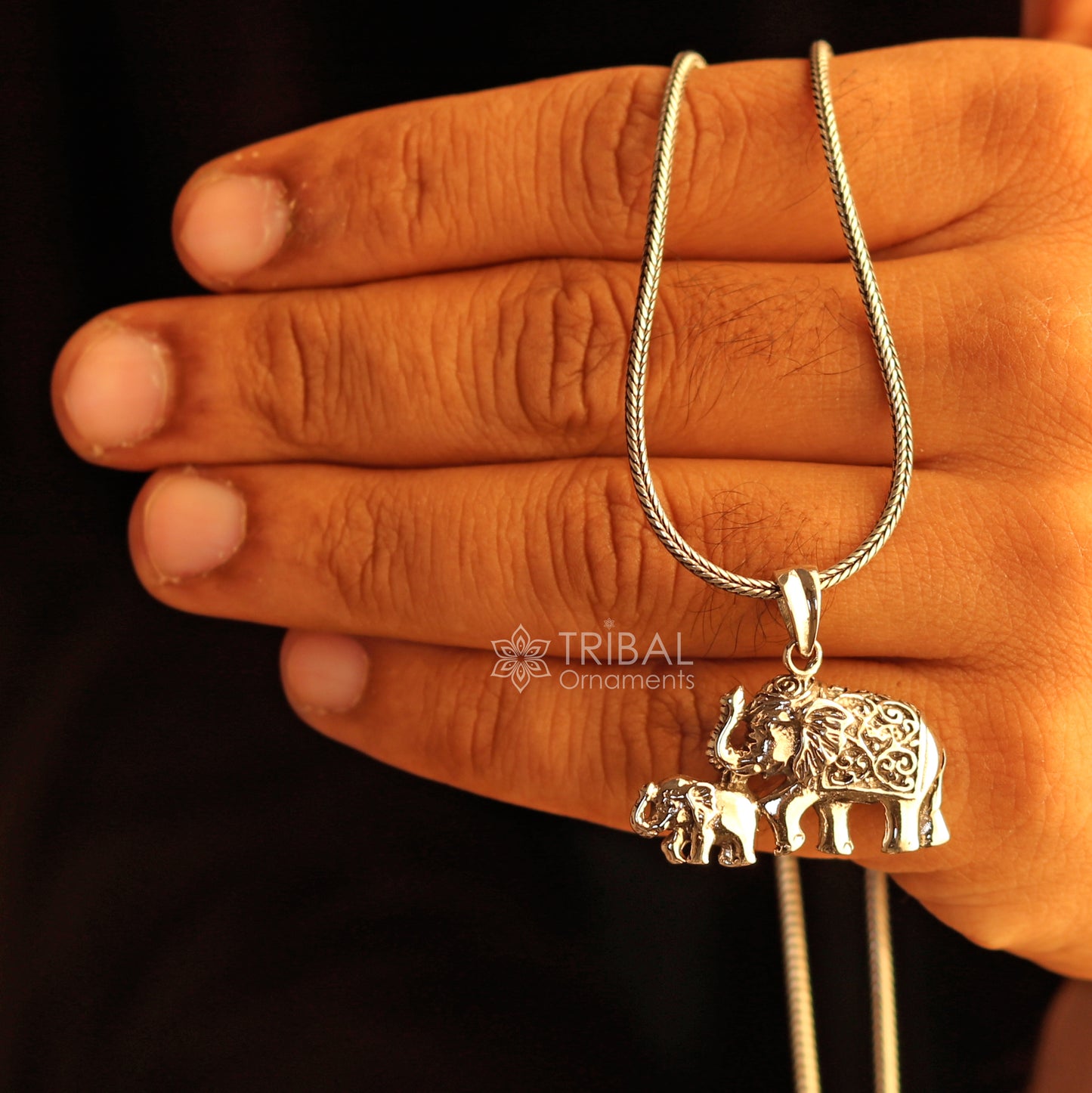 925 sterling silver  handmade  elephant and calf design stylish pendant and necklace animal jewellery nsp996 - TRIBAL ORNAMENTS
