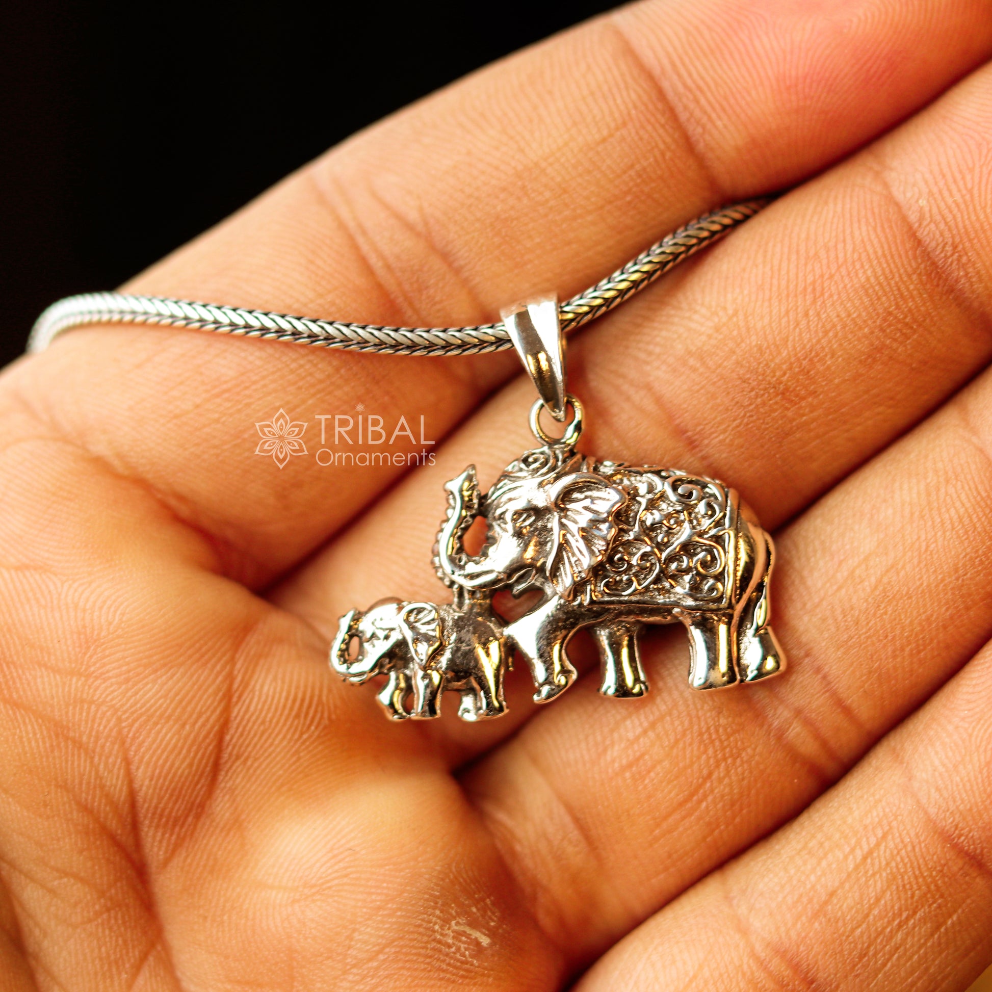 925 sterling silver  handmade  elephant and calf design stylish pendant and necklace animal jewellery nsp996 - TRIBAL ORNAMENTS