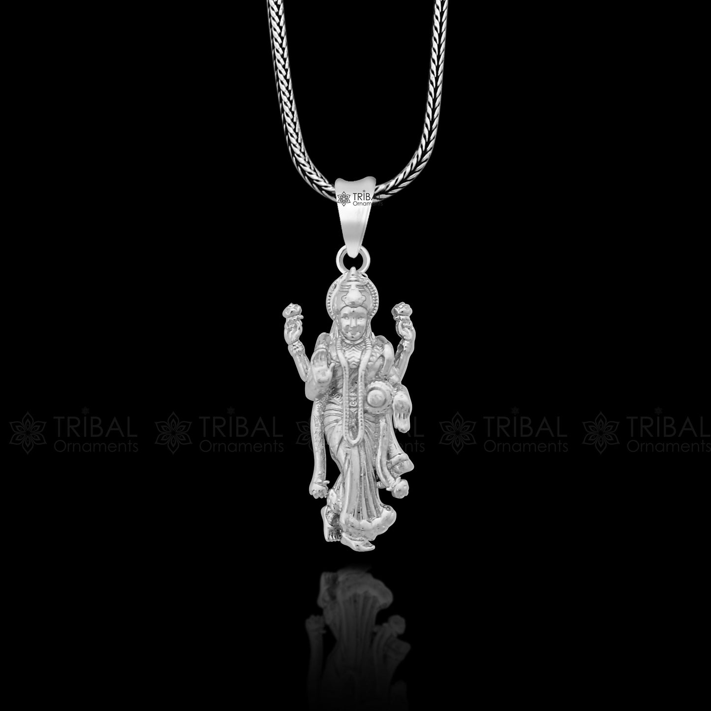 Sterling silver Goddess Maha Lakshmi pendant, handcrafted unisex jewelry by TRIBAL ORNAMENTS, featuring divine Lakshmi design.