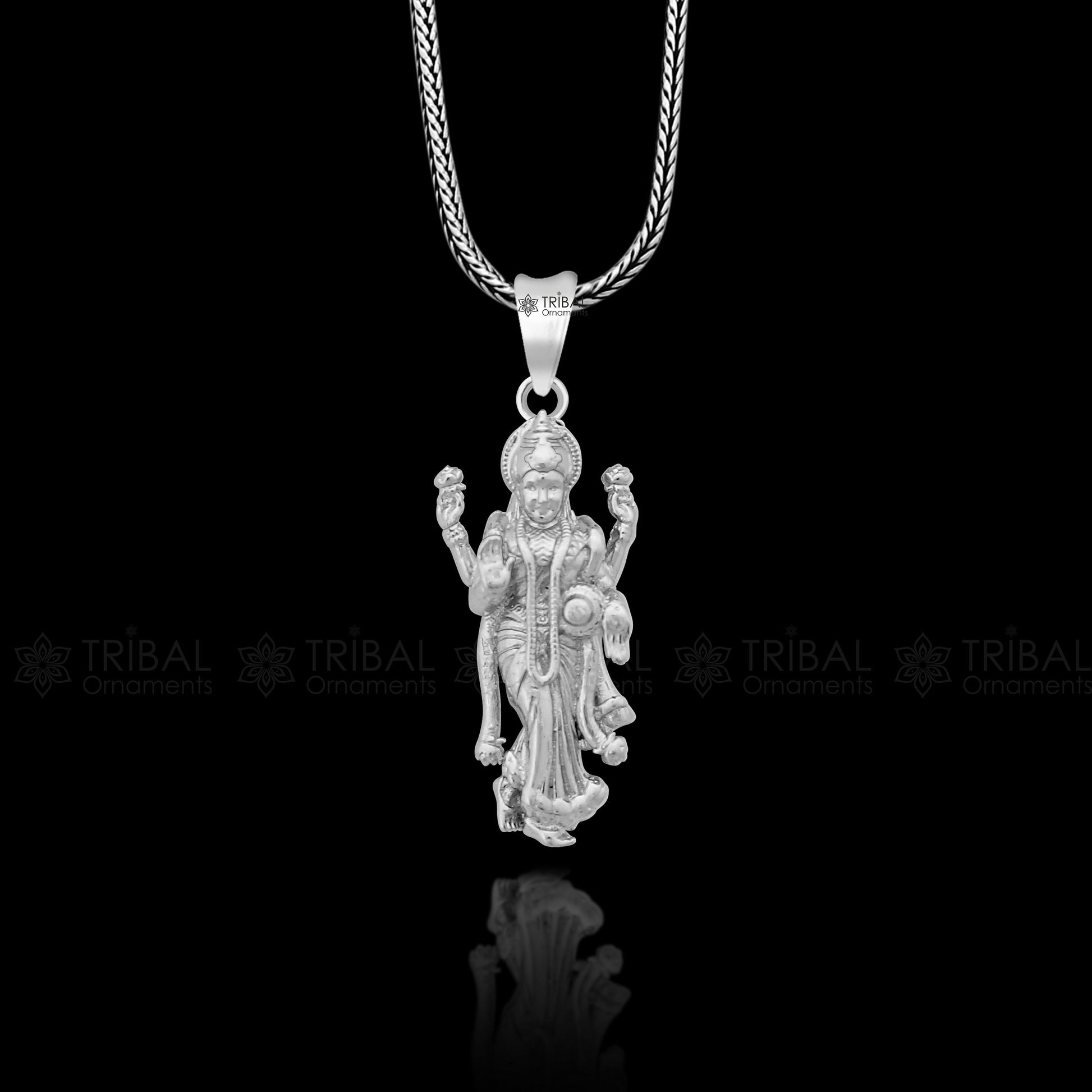 Sterling silver Goddess Maha Lakshmi pendant, handcrafted unisex jewelry by TRIBAL ORNAMENTS, featuring divine Lakshmi design.