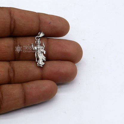 Unisex 925 sterling silver Goddess Maha Lakshmi pendant featuring intricate handmade tribal design, divine Lakshmi Maa jewelry accessory.