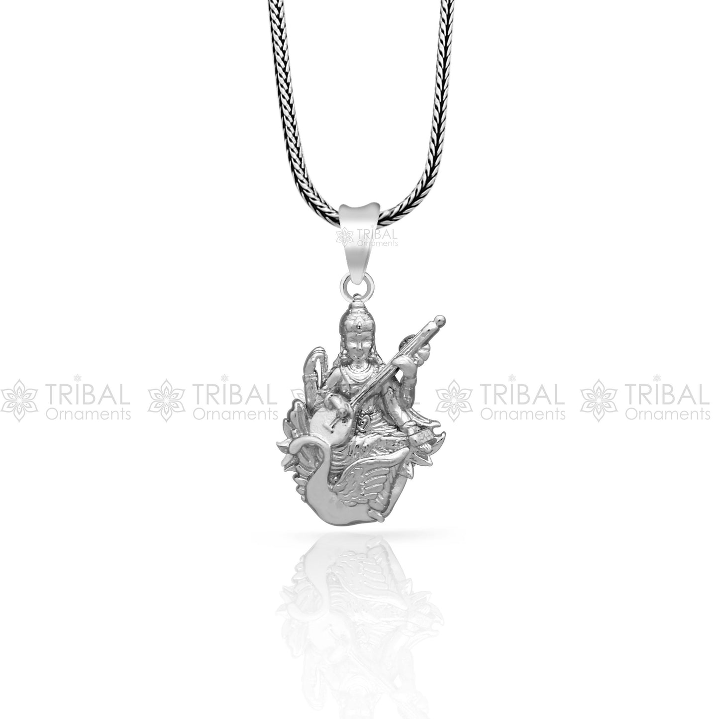 925 sterling silver Goddess Saraswati Maa pendant, handmade divine jewelry featuring intricate tribal design and spiritual symbolism.