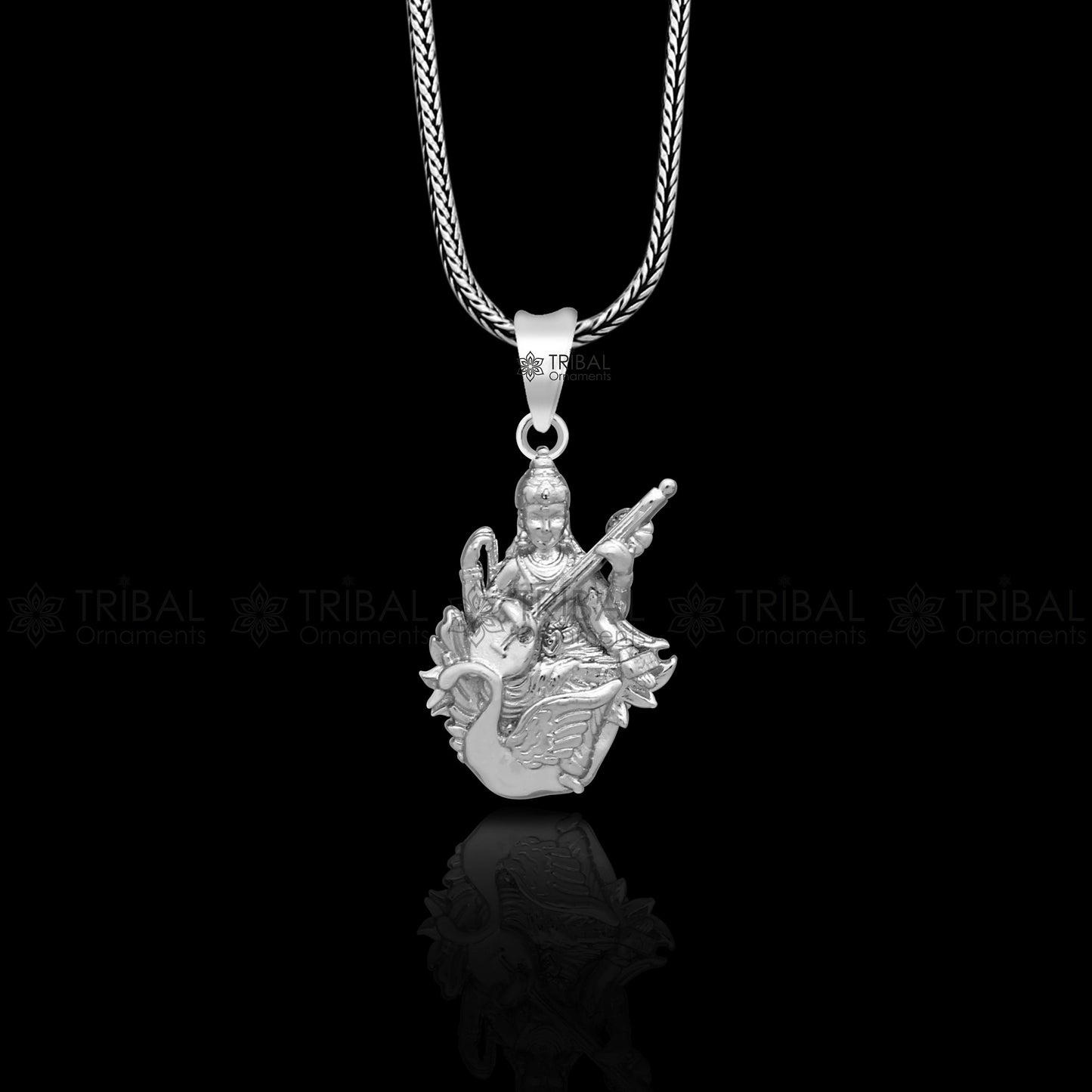 925 sterling silver Goddess Saraswati Maa pendant, handmade tribal jewelry featuring divine goddess design, ideal for gifting.