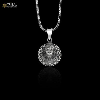 Sterling silver Hanuman Balaji pendant with chain, handmade tribal jewelry by Tribal Ornaments, featuring intricate tribal design.