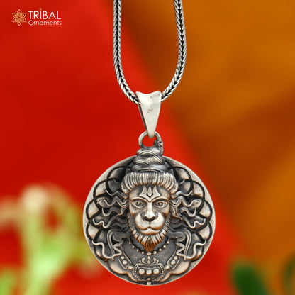 925 sterling silver handmade Hanuman Balaji pendant with chain, tribal jewelry style, detailed religious deity design