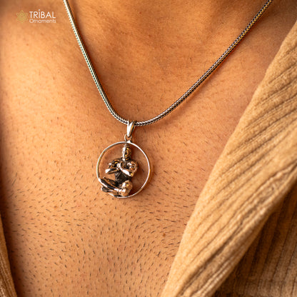 925 sterling silver Lord Hanuman pendant featuring a sitting Hindu deity design, unisex jewelry by Tribal Ornaments.