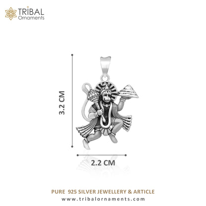 925 sterling silver handmade Hindu Lord Hanuman flying pendant, divine Bajarangbali design, crafted by TRIBAL ORNAMENTS.
