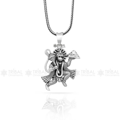 925 sterling silver Hindu Lord Hanuman flying pendant, handmade tribal jewelry featuring divine idol and intricate design.