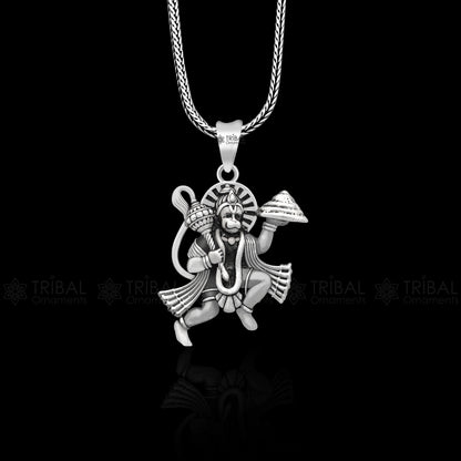 925 sterling silver Hindu Lord Hanuman flying pendant, handmade divine jewelry by Tribal Ornaments, perfect for gifting or personal wear.