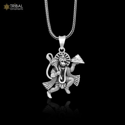 925 sterling silver Hindu Lord Hanuman flying pendant, handmade tribal jewelry featuring divine idol, ideal for gifting or personal adornment.