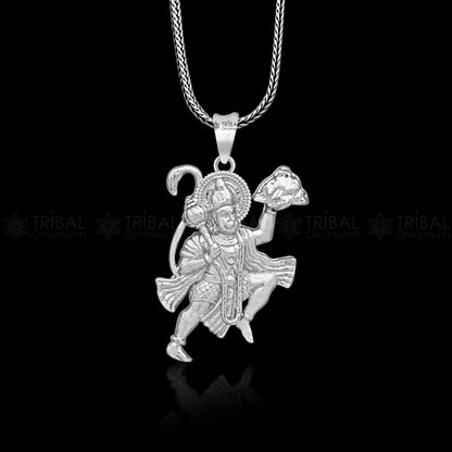 925 sterling silver Lord Hanuman flying pendant, handmade Hindu idol jewelry by TRIBAL ORNAMENTS, divine religious gift accessory